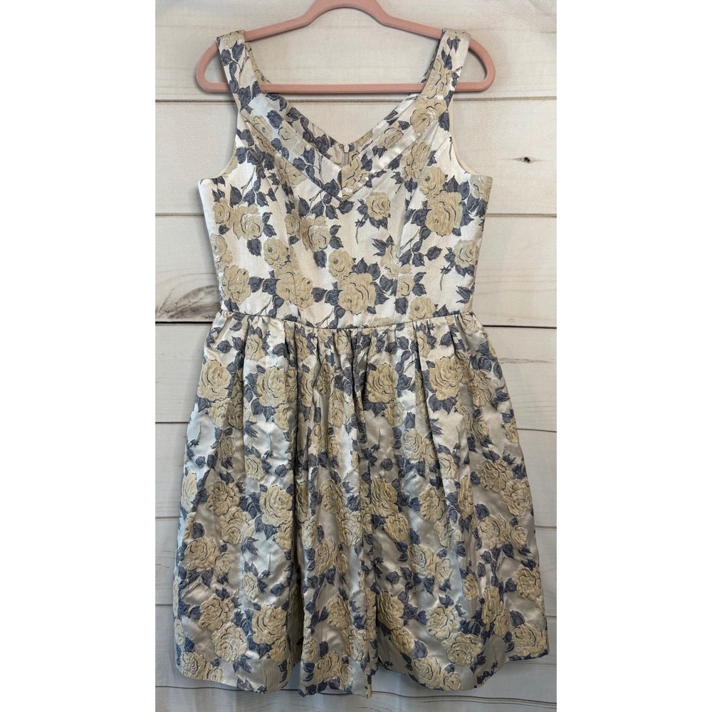 Gal Meets Glam Collection Floral Jacquard Fit and Flare Dress‎ Blue Gold Mens 10